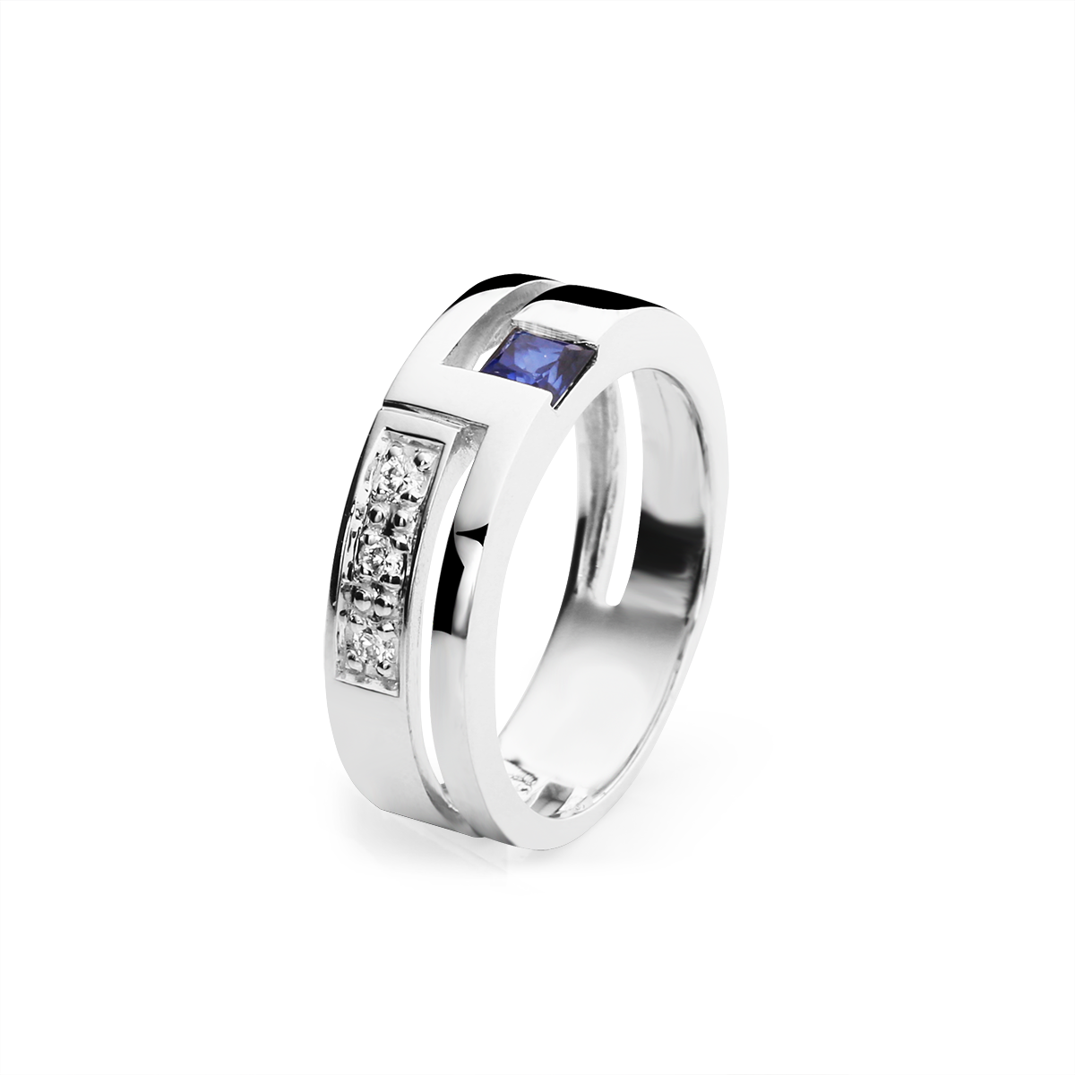diamond 0,02 ct - 3 x; blue sapphire 3,5 x 3,5 mm - 1 x